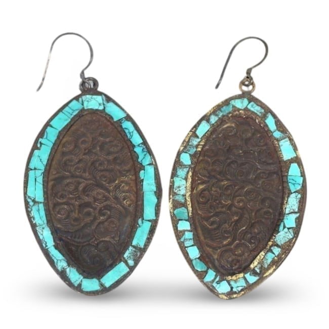 Post Medieval Indo-Scythian Tribal Brass Earrings with Turquoise Inlay, 16th-19th Century (1 of 2)
