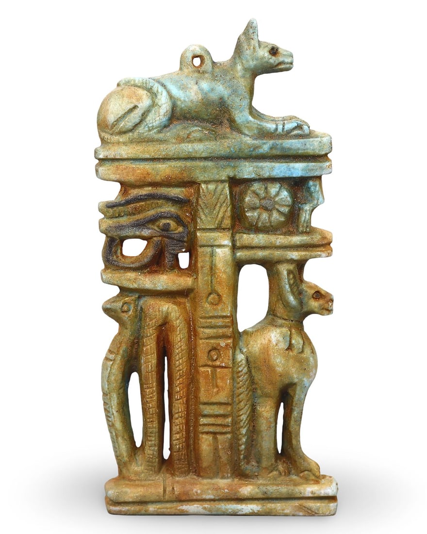 Post-Medieval Egyptian Grand Tour Faience Amulet with Cats and Eye of Horus: Our highly anticipated Antique Auction, "Treasures of the Ancient and Medieval World," offering an unparalleled opportunity for collectors and history enthusiasts to acquire rare Ancient Artifacts for