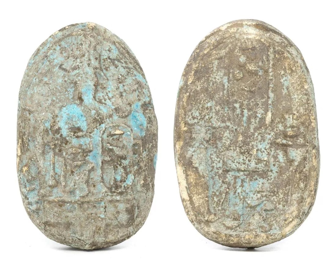 Antique Egyptian Grand Tour Faience Scarab Amulet with Hieroglyphs (1 of 4)