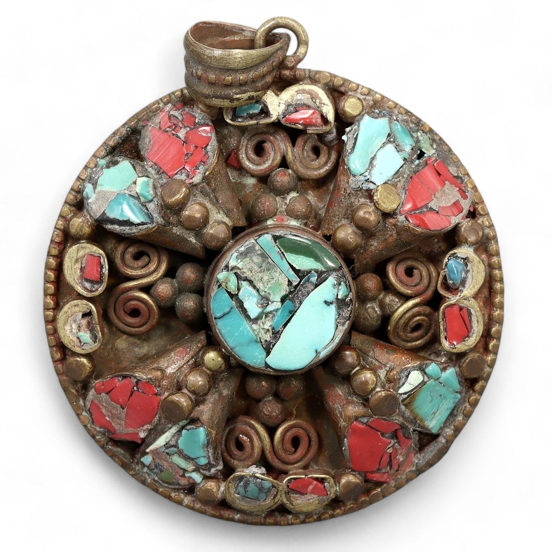 Ornate Antique Tibetan Silver Amulet Pendant with Coral and Turquoise Inlay (1 of 2)