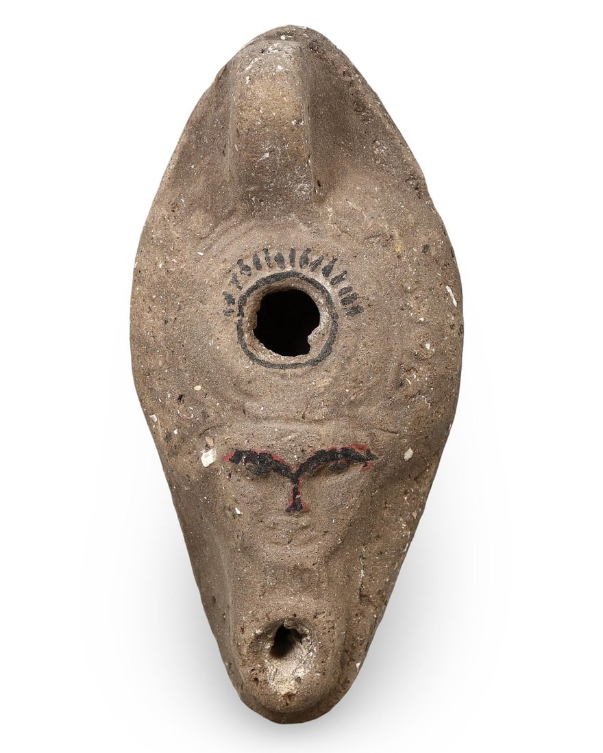 Ancient Terracotta Oil Lamp with Painted Deity Motif (1 of 3)
