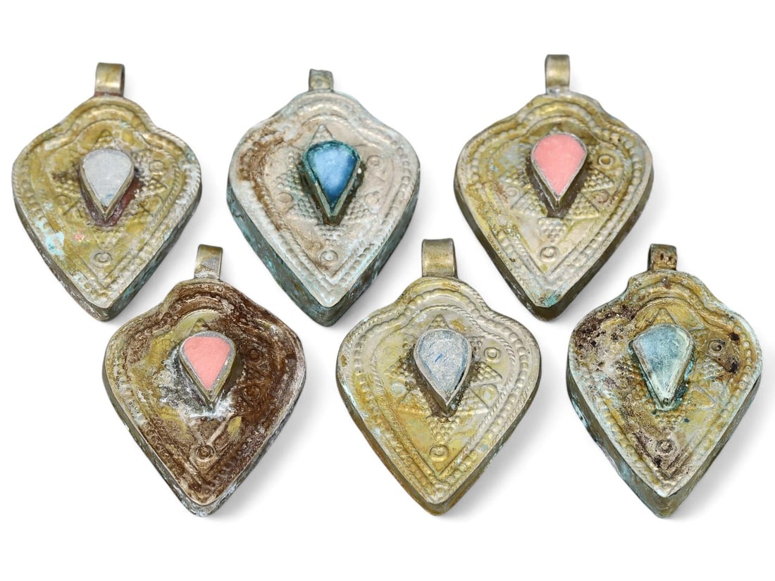 Set of Six Central Asian Tribal Silver Amulets with Inlaid Insets (1 of 1)