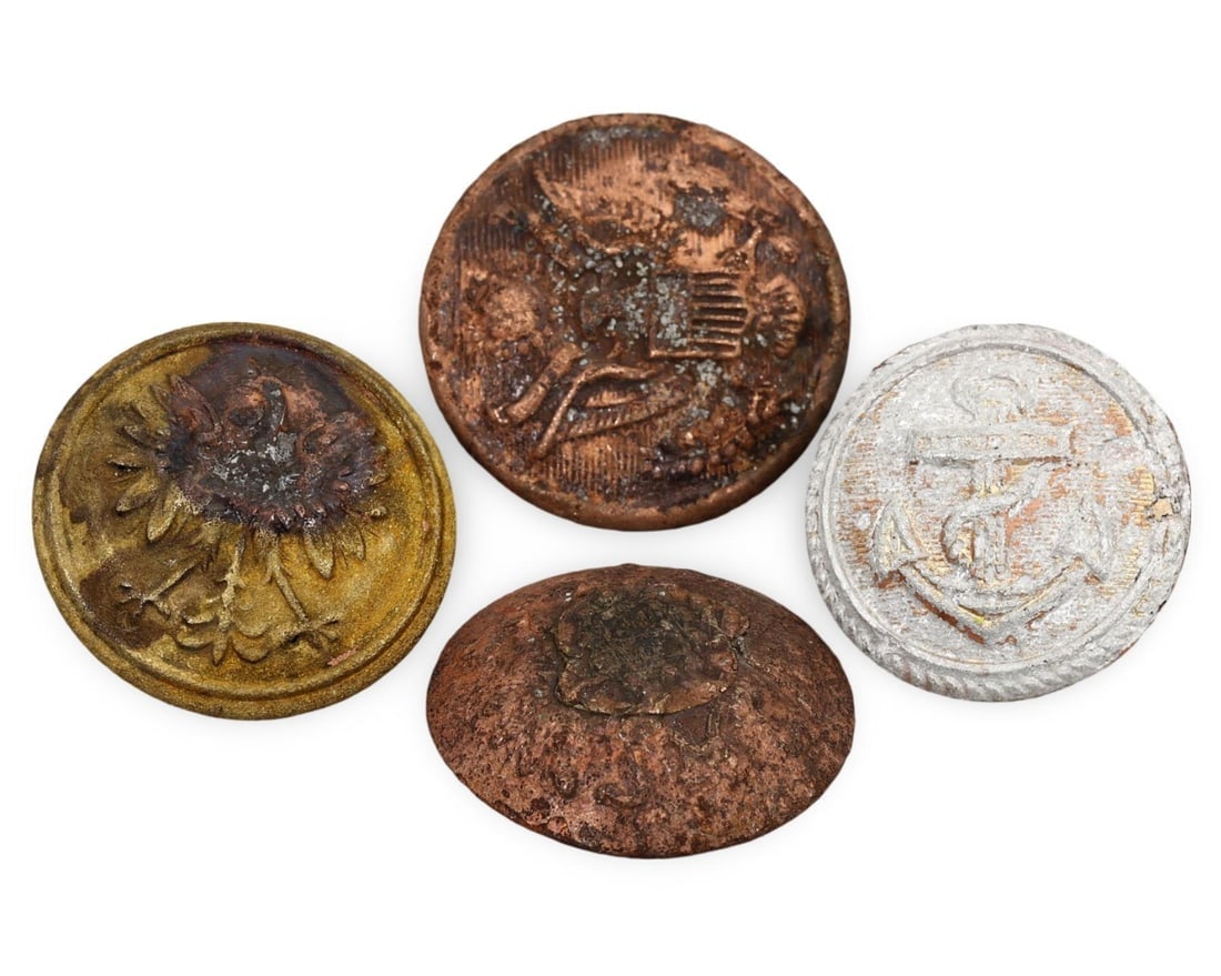 Set of Four Antique Military and Nautical Buttons with Varied Designs: Our highly anticipated Antique Auction, "Treasures of the Ancient and Medieval World," offering an unparalleled opportunity for collectors and history enthusiasts to acquire rare Ancient Artifacts for