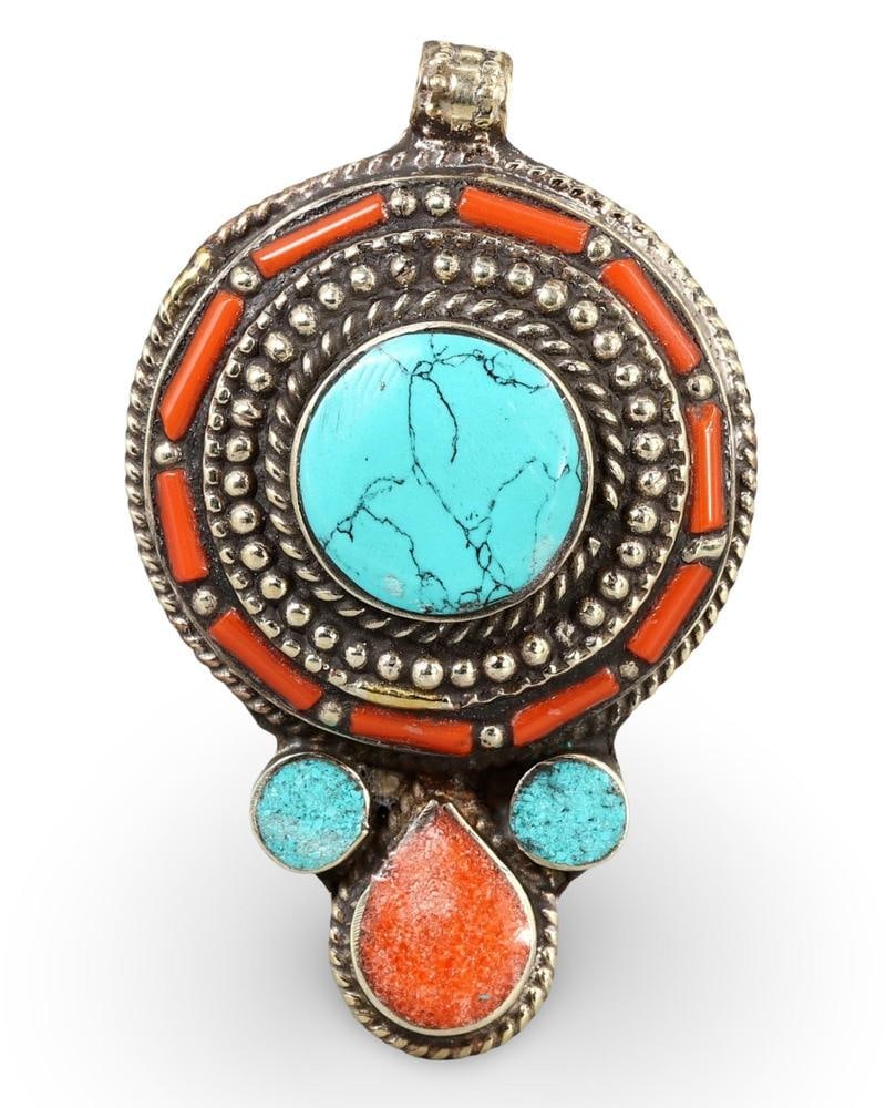 Handmade Tribal Silver and Turquoise and Coral Inlay Pendant from Himalayan Nepal: Our highly anticipated Antique Auction, "Treasures of the Ancient and Medieval World," offering an unparalleled opportunity for collectors and history enthusiasts to acquire rare Ancient Artifacts for