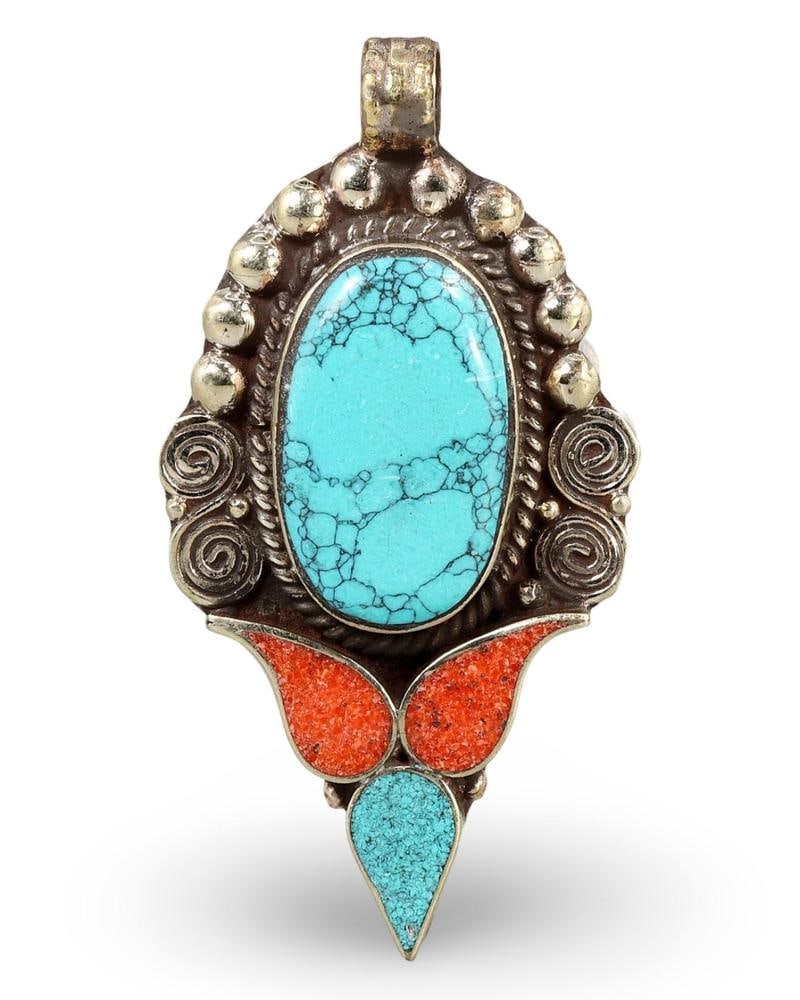 Handmade Tribal Silver and Turquoise and Coral Inlay Pendant from Himalayan Nepal: Our highly anticipated Antique Auction, "Treasures of the Ancient and Medieval World," offering an unparalleled opportunity for collectors and history enthusiasts to acquire rare Ancient Artifacts for