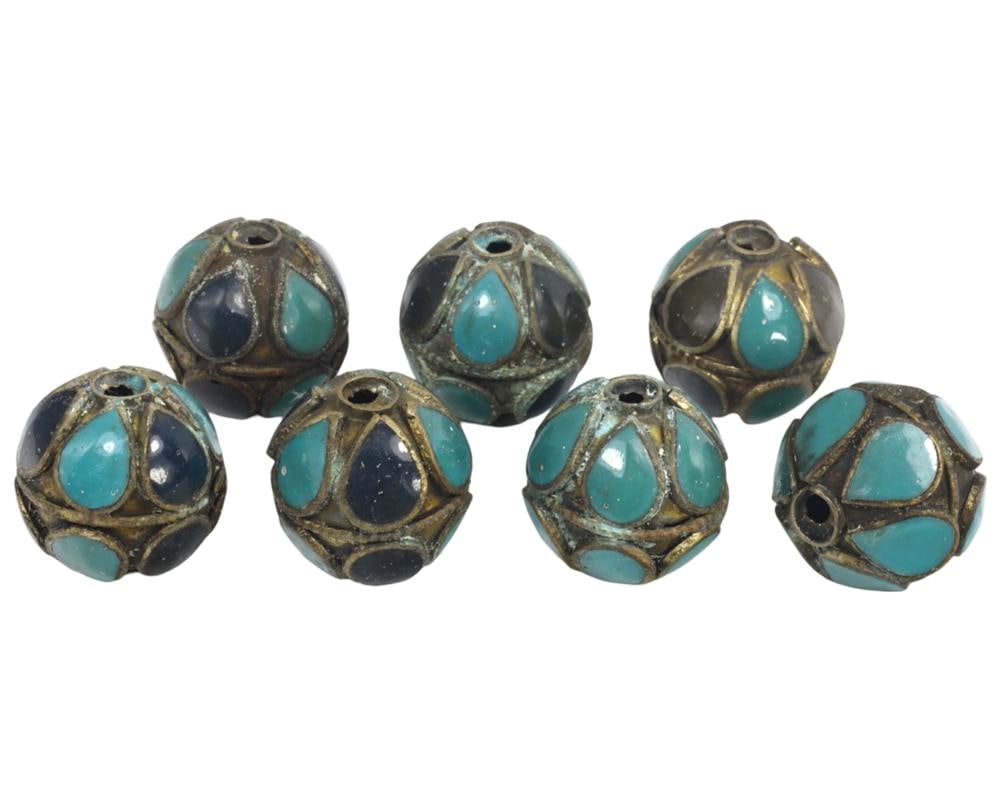 Vintage Tibetan Brass and Turquoise Inlay Beads with Teardrop Motif Set of Seven: **Dimension information at the bottom section after Condition** Our highly anticipated Antique Auction, "Treasures of the Ancient and Medieval World," offering an unparalleled opportunity for collecto