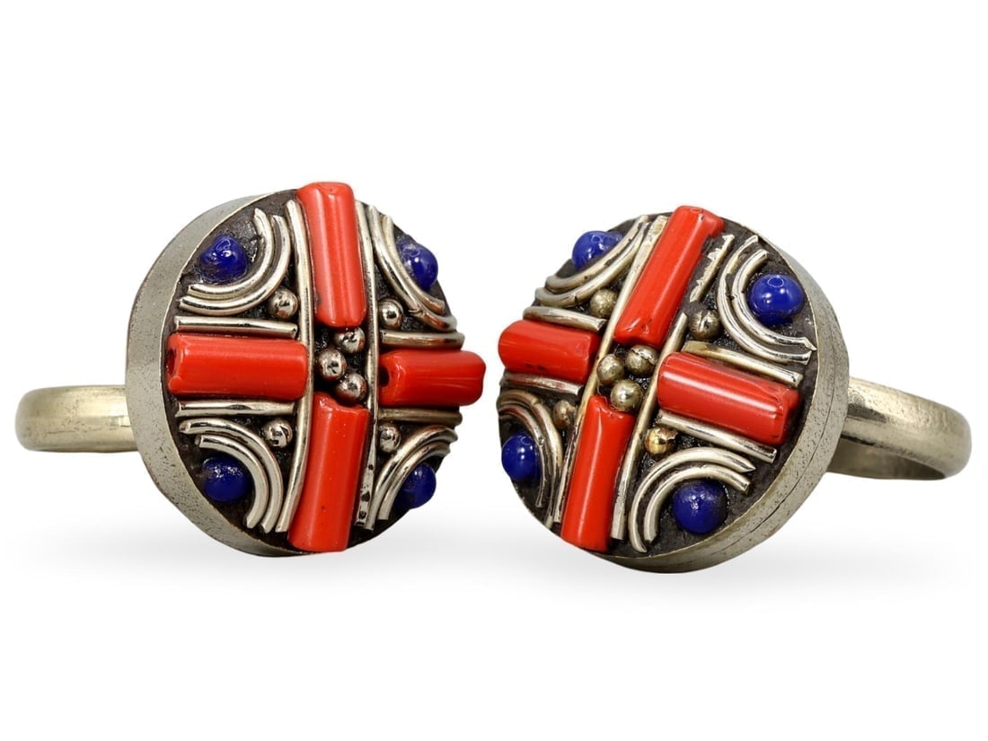 Antique Sino-Tibetan Gems Inlaid Silver Rings (1 of 2)