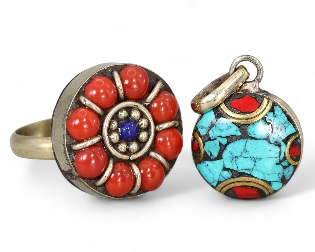 Antique Sino-Tibetan Gems Inlaid Silver Pendant and Ring, US 5.75 (1 of 1)