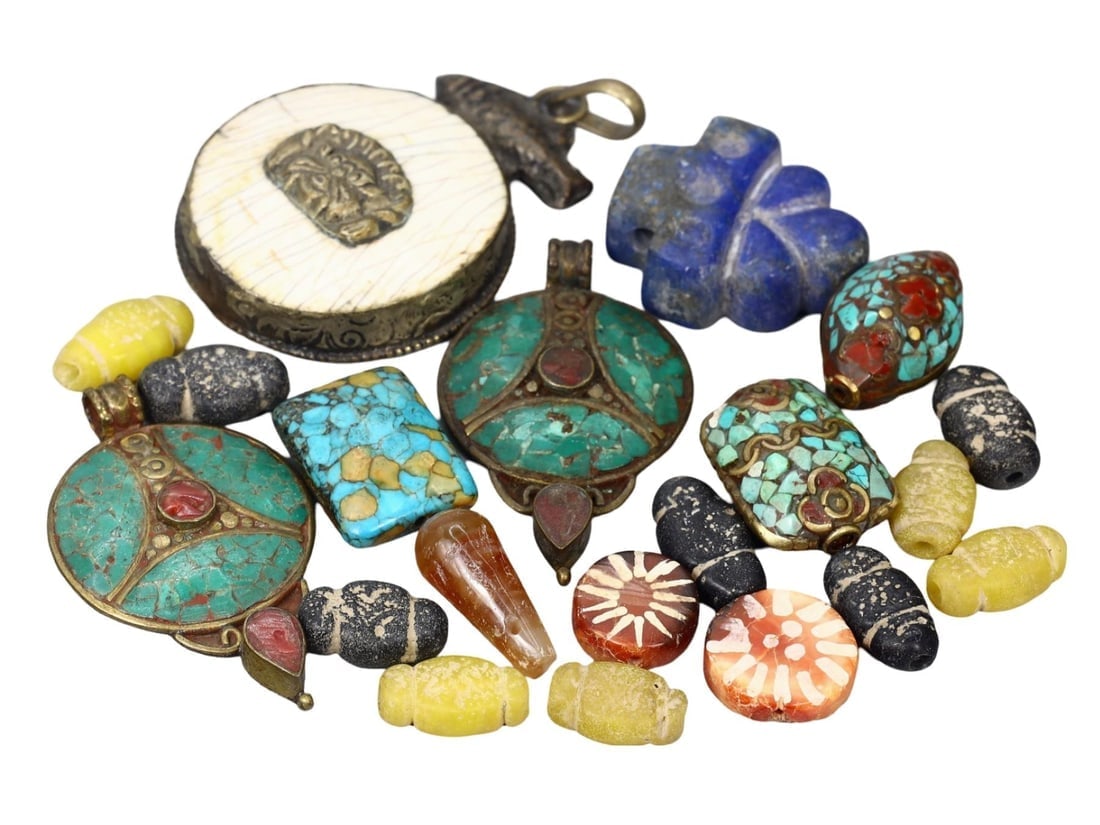 Rare Assemblage of Antique Tibetan Turquoise Pendants and Millefiori Trade Beads (1 of 1)