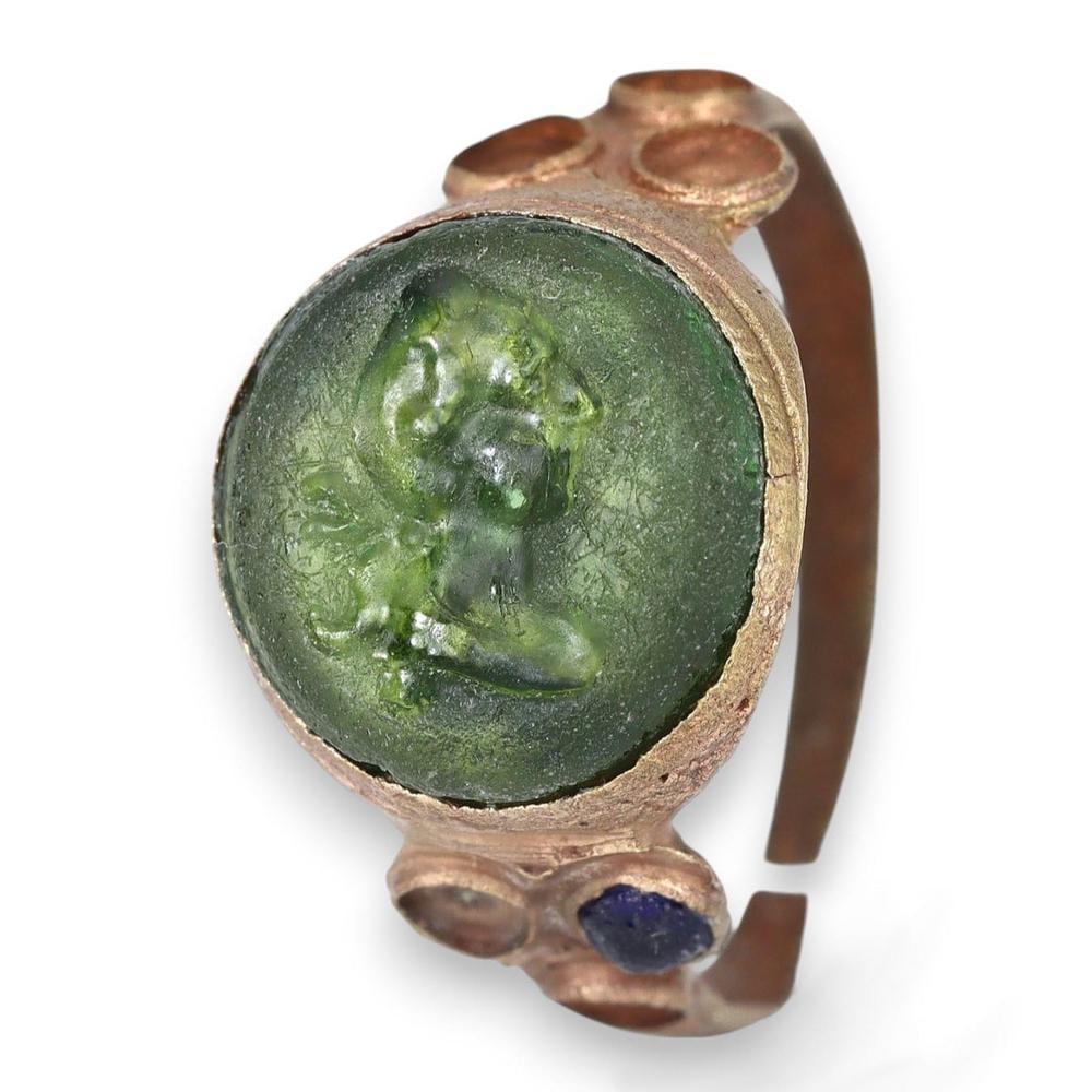 Authentic Medieval European Bronze Ring with Glass Intaglio Gemstone Artifact US 6.25 (1 of 3)