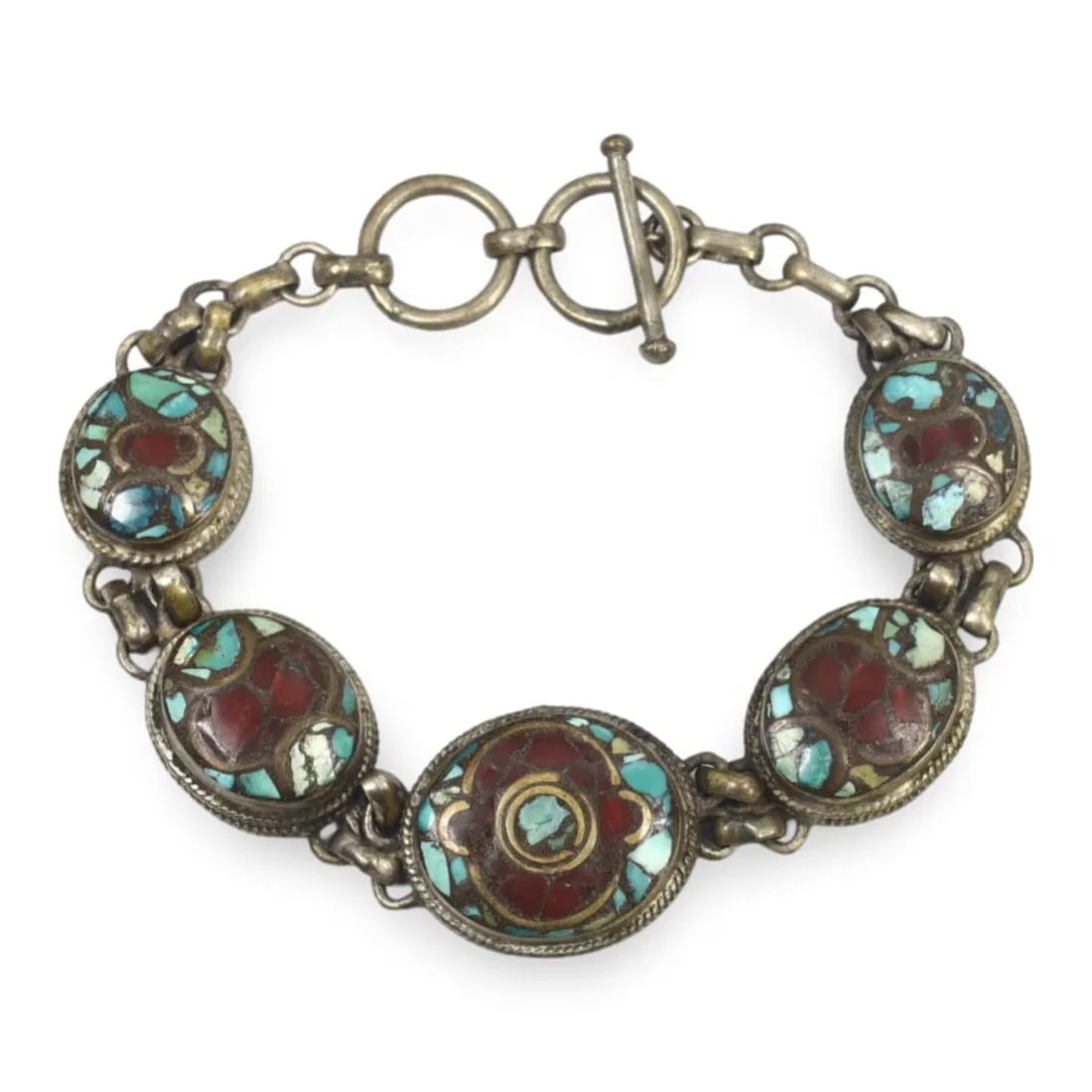 Antique Tibetan Silver Bracelet with Turquoise and Coral Inlay Design (1 of 1)