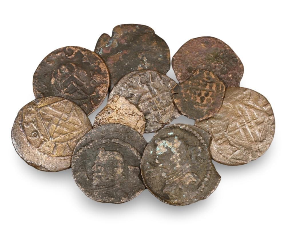 Antique Medieval Spanish Bronze Pirate Coins Lot from the Spanish Pirate Era: **Dimension information at the bottom section after Condition** Welcome to the No Reserve Ancient Relics & Rare Artifacts auction, where history comes alive through an extraordinary collection of trea