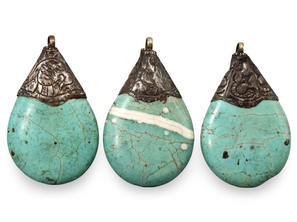 Antique Sino-Tibetan Turquoise Amulets with Silver Mounts Set of Three: **Dimension information at the bottom section after Condition** Welcome to the No Reserve Ancient Relics & Rare Artifacts auction, where history comes alive through an extraordinary collection of trea