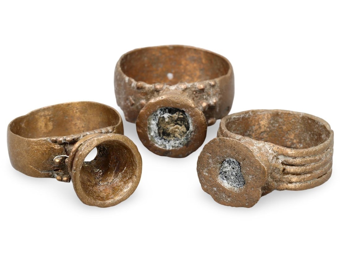 Collection of Three Ancient Medieval Bronze Rings with Distinct Designs (1 of 2)