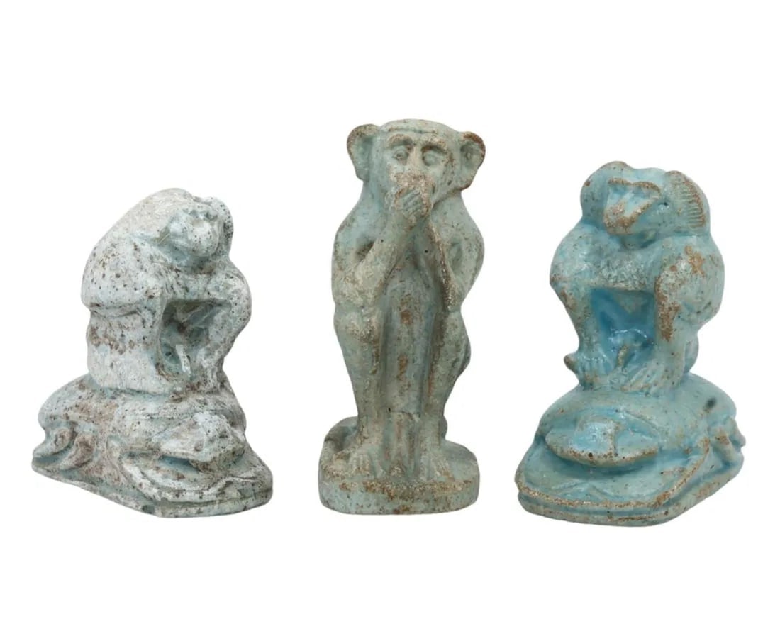 Set of Three Antique Egyptian Faience Amulets Depicting Thoth as Baboon (1 of 1)