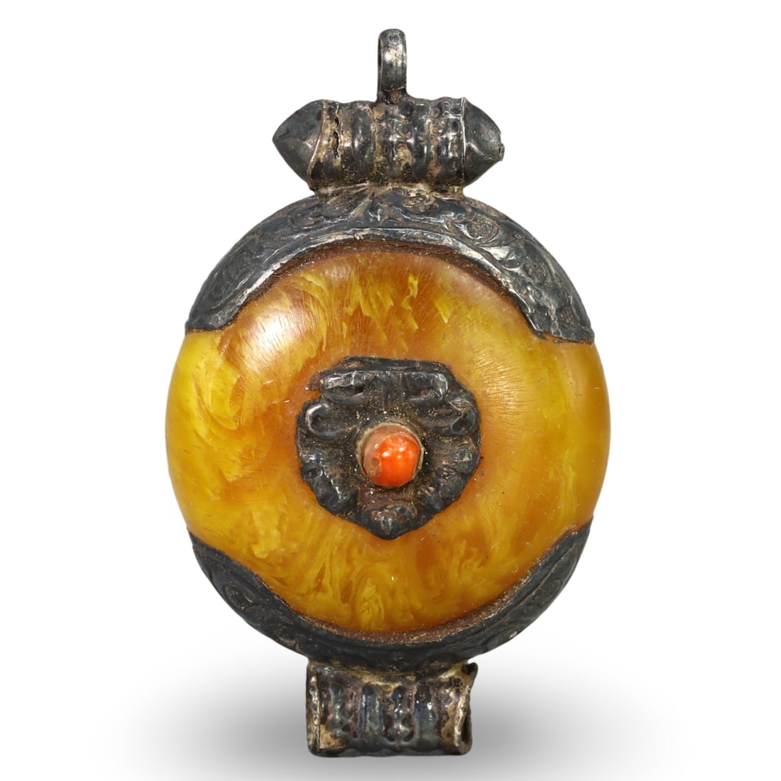 Antique Tibetan Pressed Copal Amber Locket Bead with Ornate Silver Caps (1 of 2)