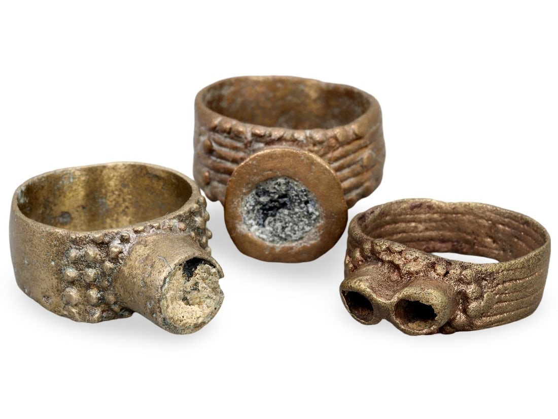 Collection of Three Ancient Medieval Bronze Rings with Distinct Designs (1 of 2)