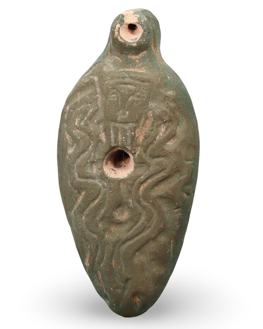 Egyptian-Style Green Clay Oil Lamp with Deity Motif, Ancient-Inspired Artifact: **Dimension information at the bottom section after Condition** Welcome to the No Reserve Ancient Relics & Rare Artifacts auction, where history comes alive through an extraordinary collection of trea