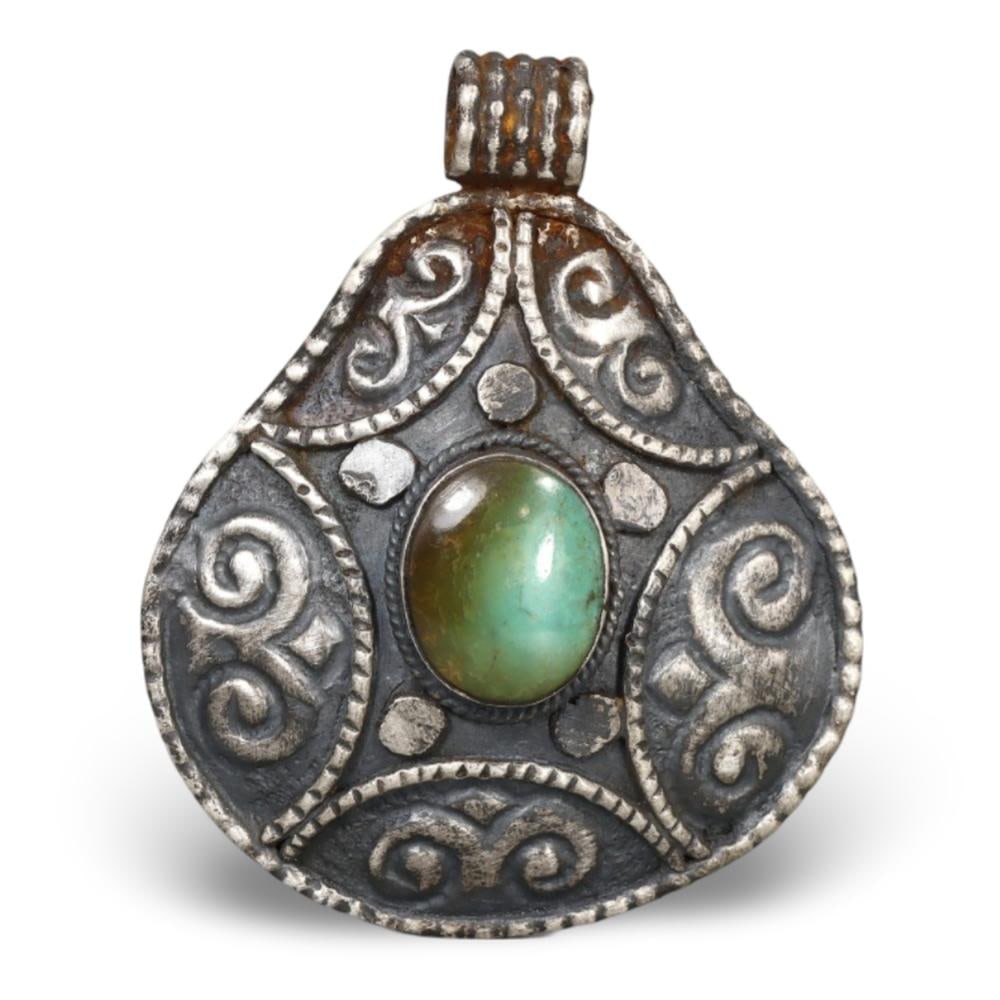 Antique Tibetan Silver Amulet with Turquoise and Coral Inlay 19th Century Protective Talisman: **Dimension information at the bottom section after Condition** Welcome to the No Reserve Ancient Relics & Rare Artifacts auction, where history comes alive through an extraordinary collection of trea