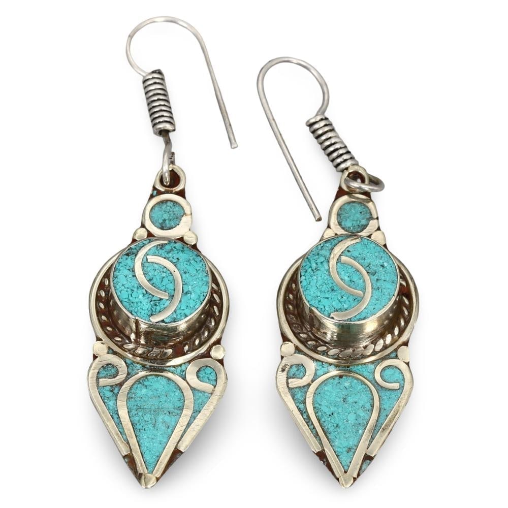 Handmade Tribal Silver and Turquoise Inlay Earrings from Nepal: **Dimension information at the bottom section after Condition** Welcome to the No Reserve Antique Treasures Auction S2, where history comes alive through an extraordinary collection of treasures spann