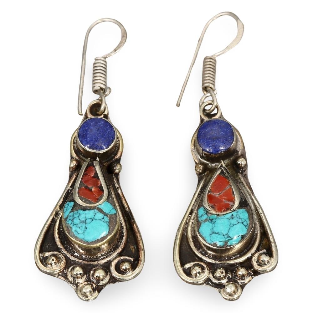 Vintage Nepalese Silver Earrings with Lapis Lazuli Turquoise and Coral Inlays: **Dimension information at the bottom section after Condition** Welcome to the No Reserve Antique Treasures Auction S2, where history comes alive through an extraordinary collection of treasures spann