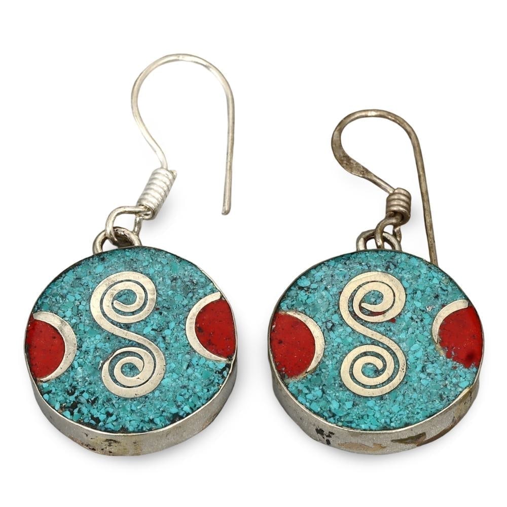 Pair of Antique Tibetan Silver and Turquoise Earrings with Spiral Motifs: **Dimension information at the bottom section after Condition** Welcome to the No Reserve Antique Treasures Auction S2, where history comes alive through an extraordinary collection of treasures spann