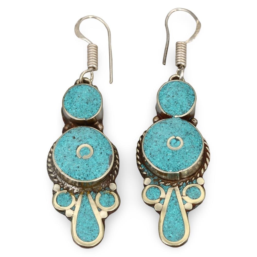 Pair of Antique Tibetan Silver and Turquoise Inlaid Earrings with Spiral Motifs: **Dimension information at the bottom section after Condition** Welcome to the No Reserve Antique Treasures Auction S2, where history comes alive through an extraordinary collection of treasures spann