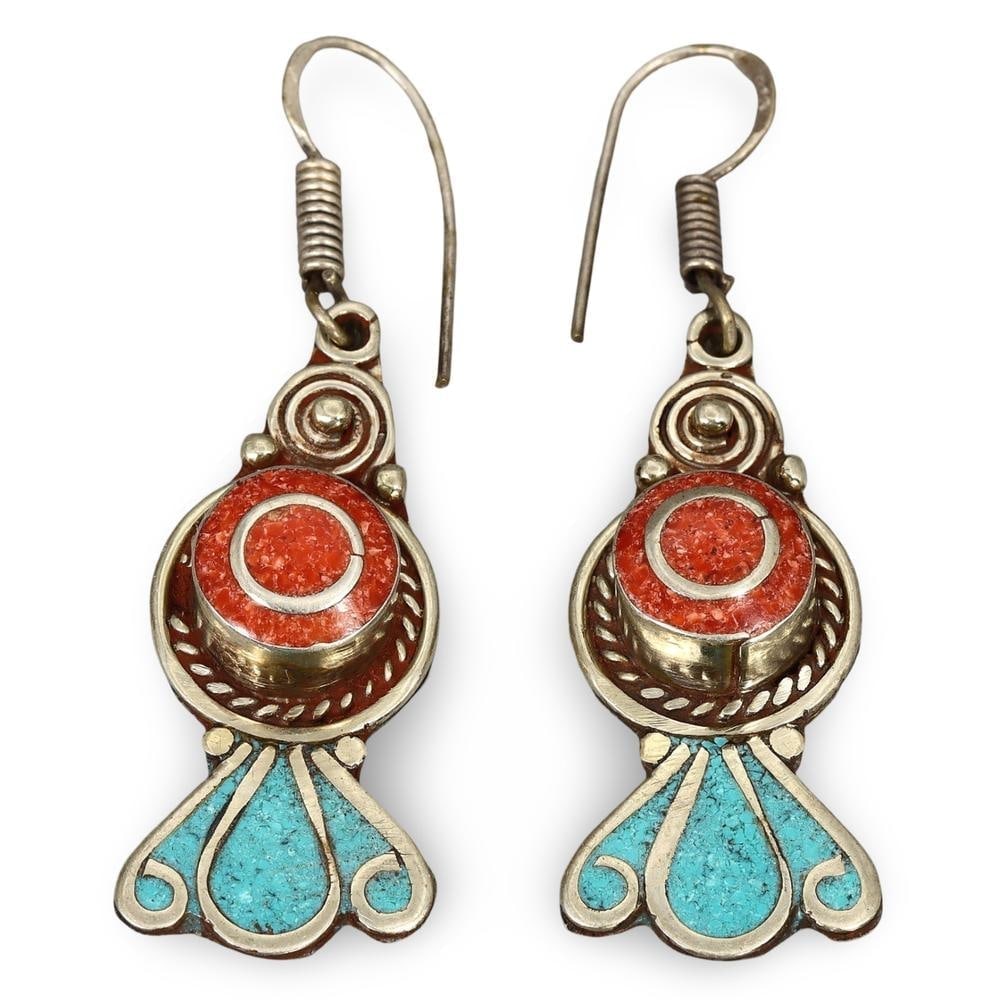 Handmade Tribal Silver and Turquoise Inlay Earrings from Himalayan Nepal: **Dimension information at the bottom section after Condition** Welcome to the No Reserve Antique Treasures Auction S2, where history comes alive through an extraordinary collection of treasures spann