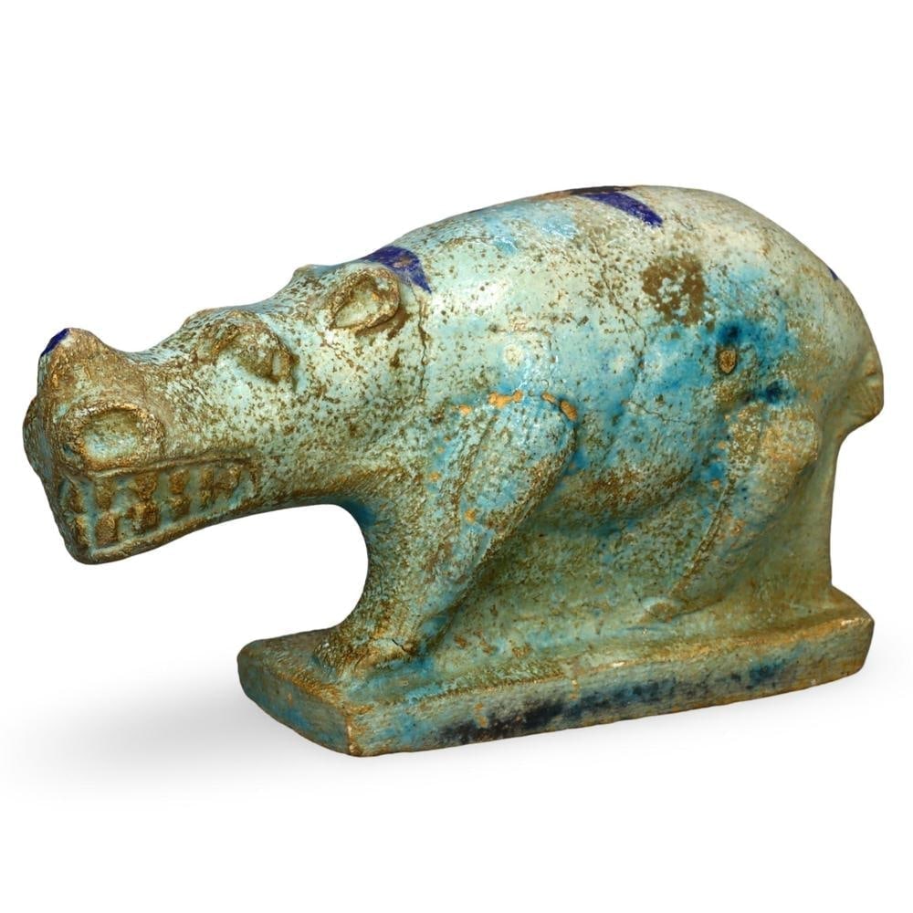 Rare Egyptian Style Faience Hippopotamus Figurine with Blue Glaze (1 of 3)