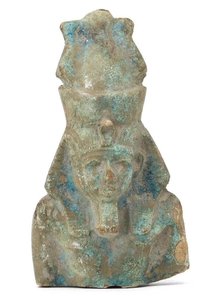 Ancient Egyptian Style Faience Sphinx Amulet Depicting Pharaoh Symbolic Artifact: **Dimension information at the bottom section after Condition** Welcome to the No Reserve Antique Treasures Auction S2, where history comes alive through an extraordinary collection of treasures spann