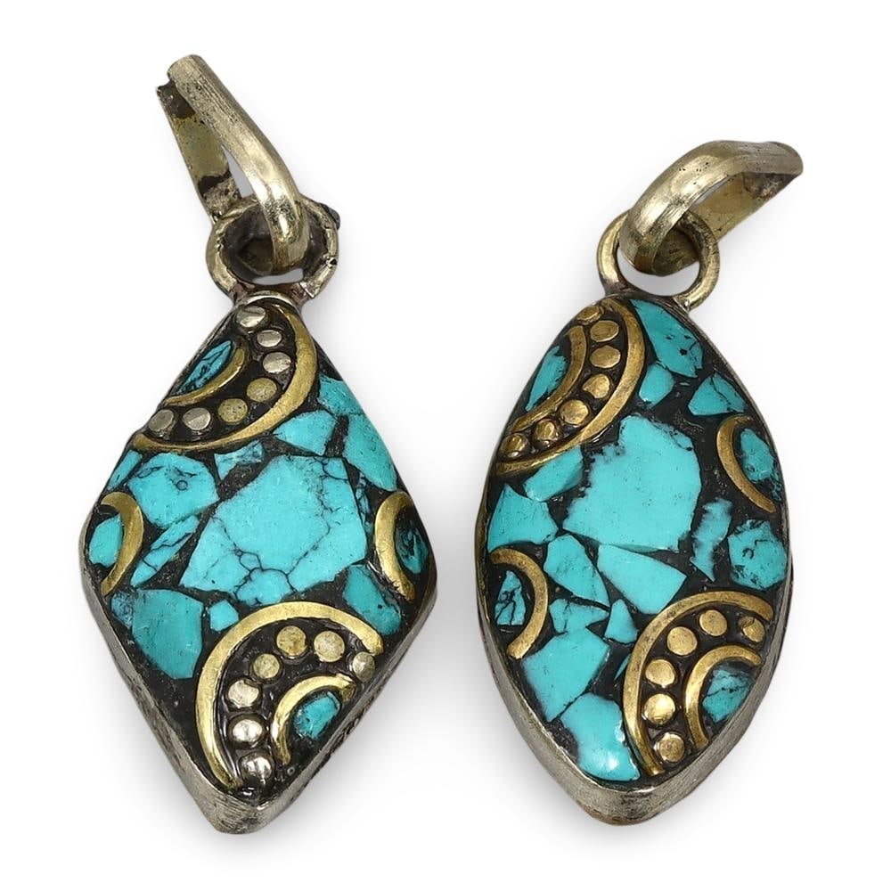Pair of Handmade Tribal Silver and Turquoise Chips Pendants from Himalayan Nepal: **Dimension information at the bottom section after Condition** Welcome to the No Reserve Antique Treasures Auction S2, where history comes alive through an extraordinary collection of treasures spann