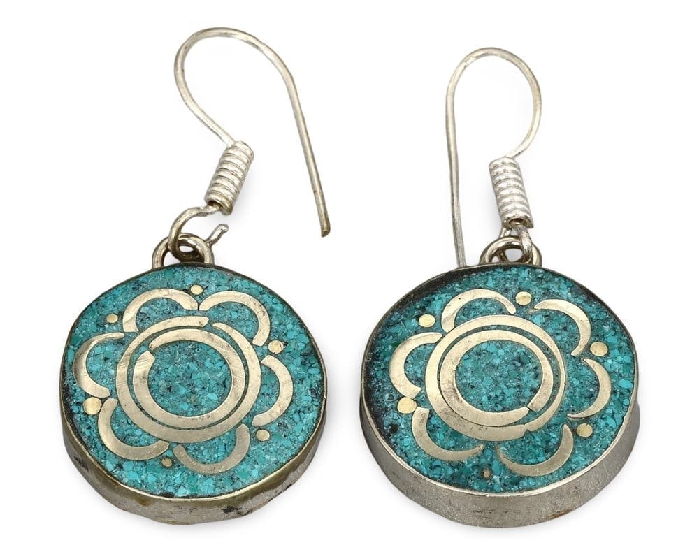 Handmade Tribal Silver and Turquoise Inlay Earrings from Himalayan Nepal: **Dimension information at the bottom section after Condition** Welcome to the No Reserve Antique Treasures Auction S2, where history comes alive through an extraordinary collection of treasures spann