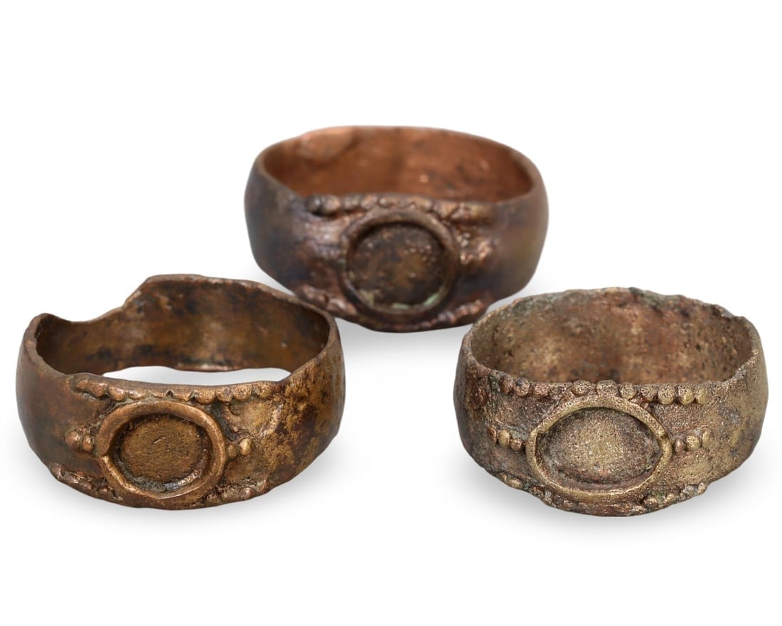 Collection of Three Ancient Roman Bronze Rings with Ornate Bezels (1 of 2)