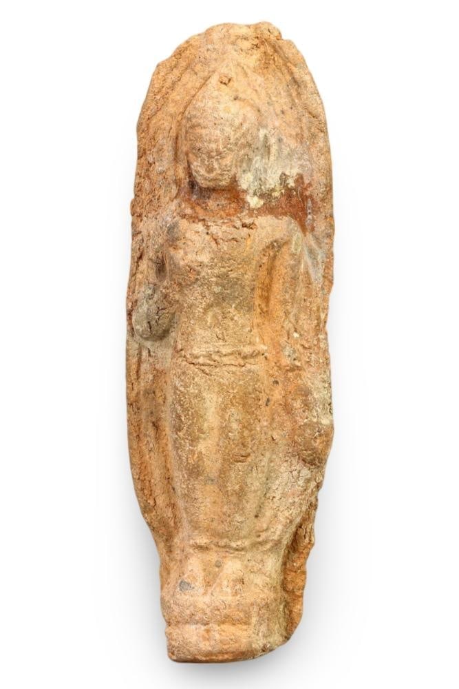 Ancient Gandhara Terracotta Buddha Figurine with Traces of Red Pigment: **Dimension information at the bottom section after Condition** Welcome to the No Reserve Antique Treasures Auction, where history comes alive through an extraordinary collection of treasures spanning
