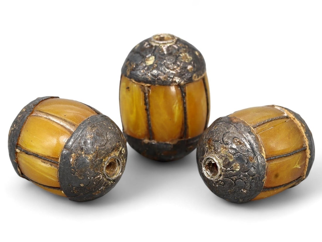 Antique Sino-Tibetan Amber Copal Beads with Capped Tribal Adornments (1 of 1)