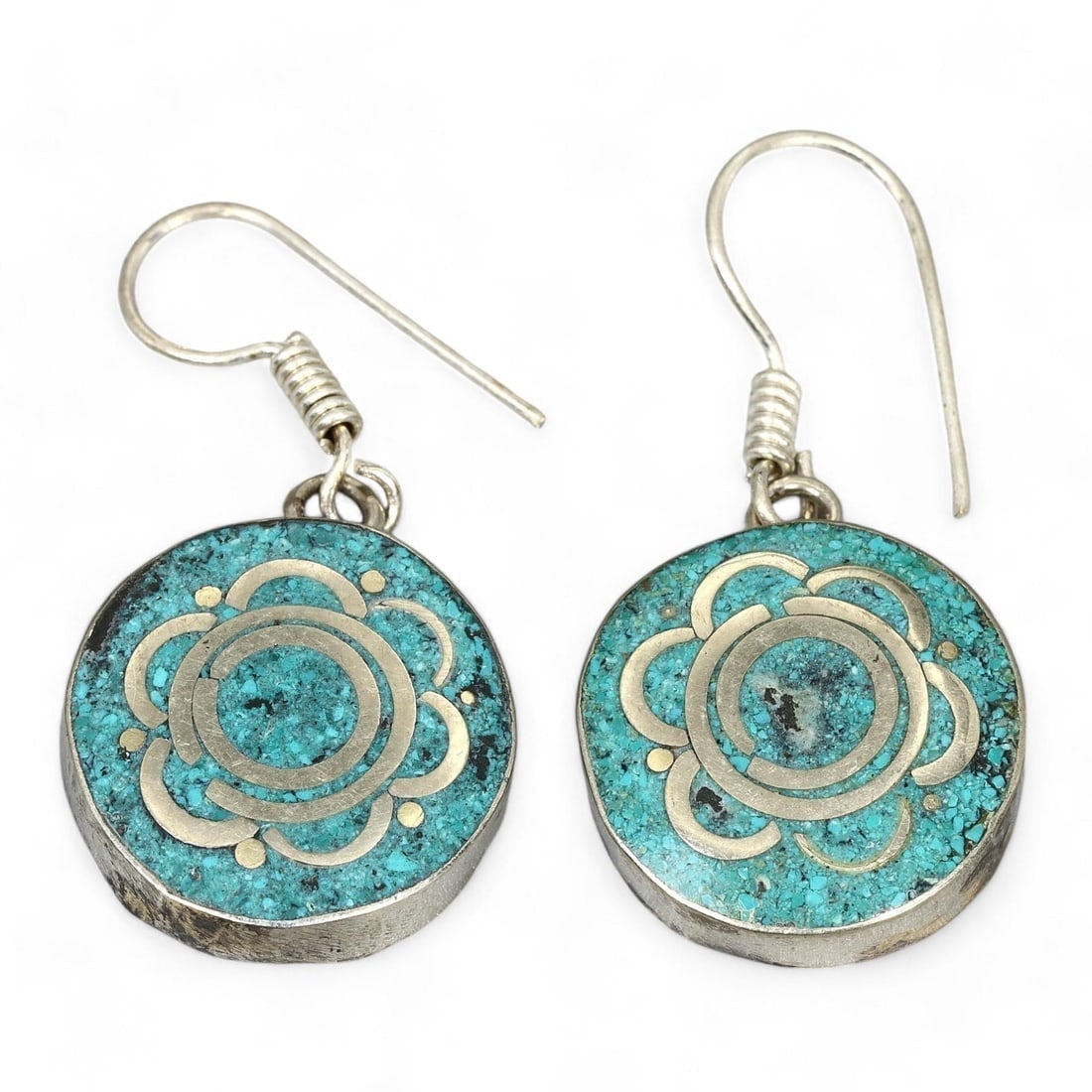 Antique Sino-Tibetan Gems Inlaid Silver Earrings: **Dimension information at the bottom section after Condition** Welcome to the No Reserve Antique Treasures Auction, where history comes alive through an extraordinary collection of treasures spanning