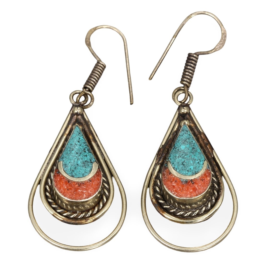 Antique Sino-Tibetan Gems Inlaid Silver Earrings: **Dimension information at the bottom section after Condition** Welcome to the No Reserve Antique Treasures Auction, where history comes alive through an extraordinary collection of treasures spanning