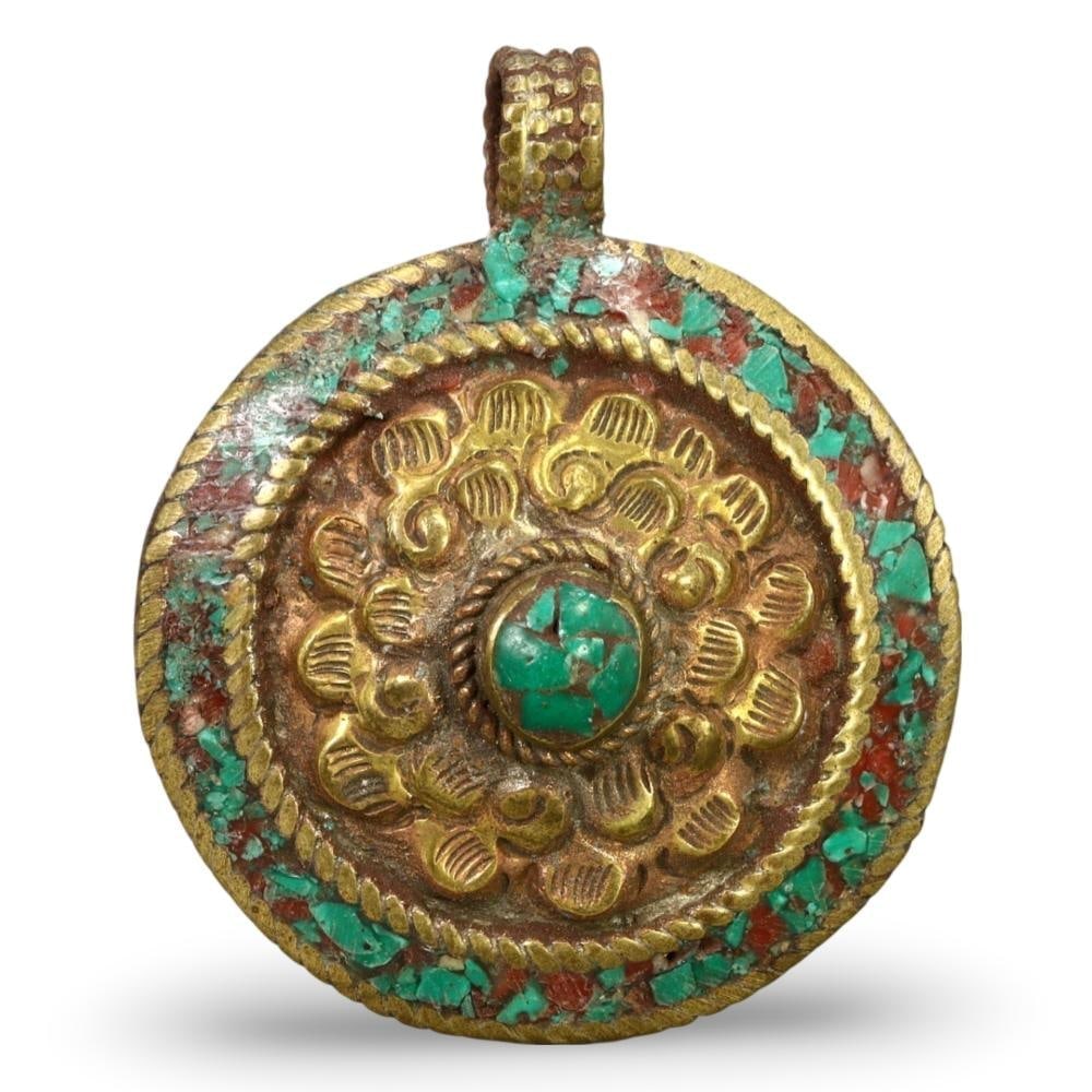 Antique Tibetan Gilt Bronze and Turquoise Pendant 19th Century Ornate Religious Jewelry (1 of 2)