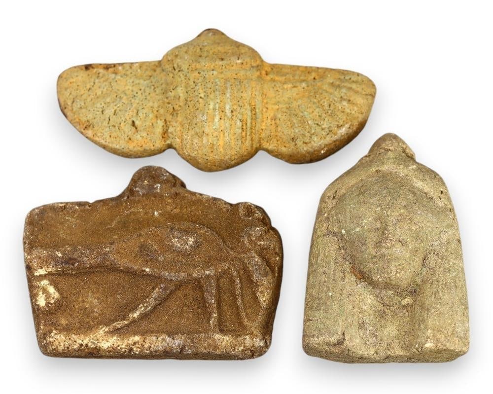 Ancient Egyptian Style Faience Amulets Trio with Winged Scarab, Animal, and Deity Depictions (1 of 1)