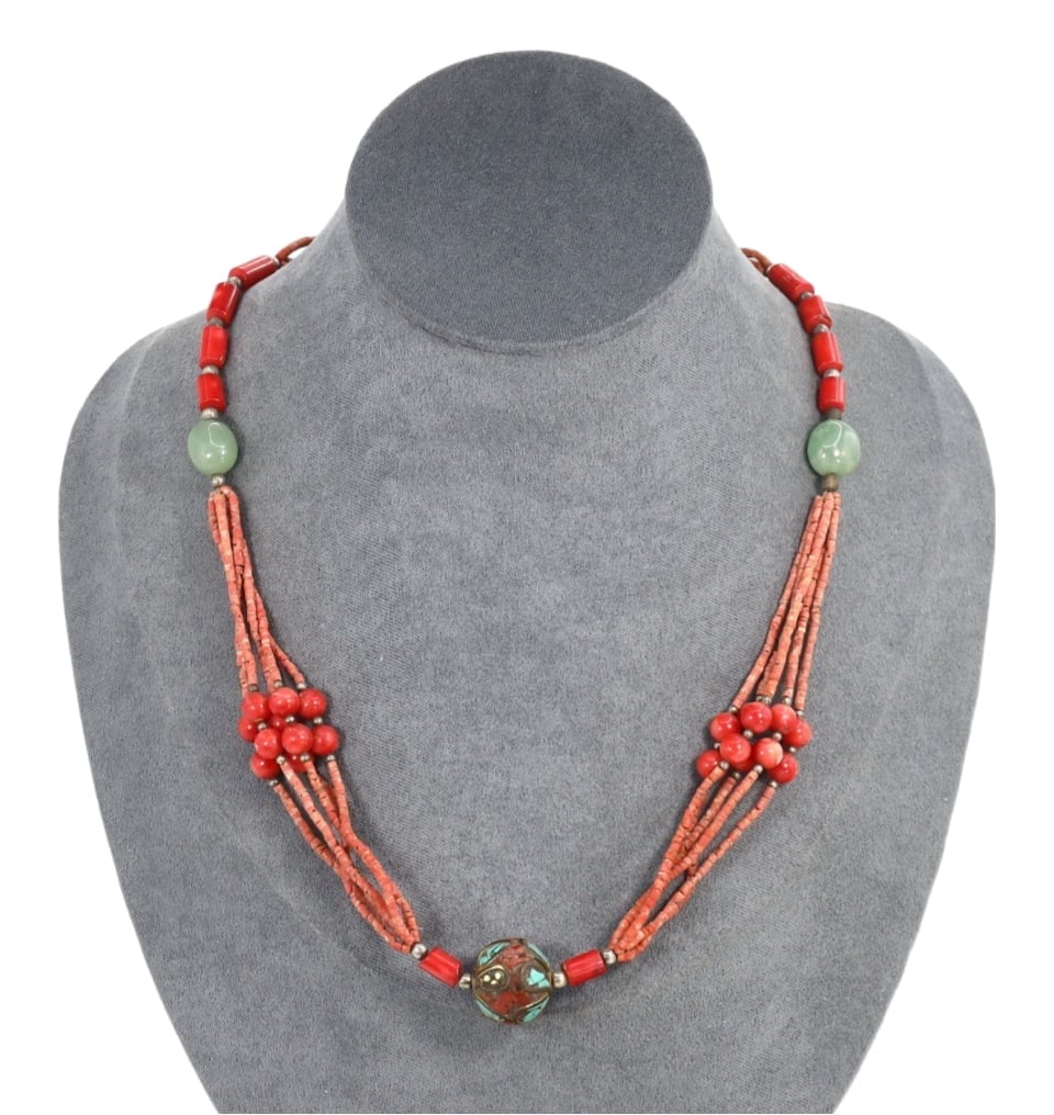 Vintage Tibetan Multi-Strand Coral Beaded Necklace with Jade Accents and Inlaid Silver Pendant (1 of 1)