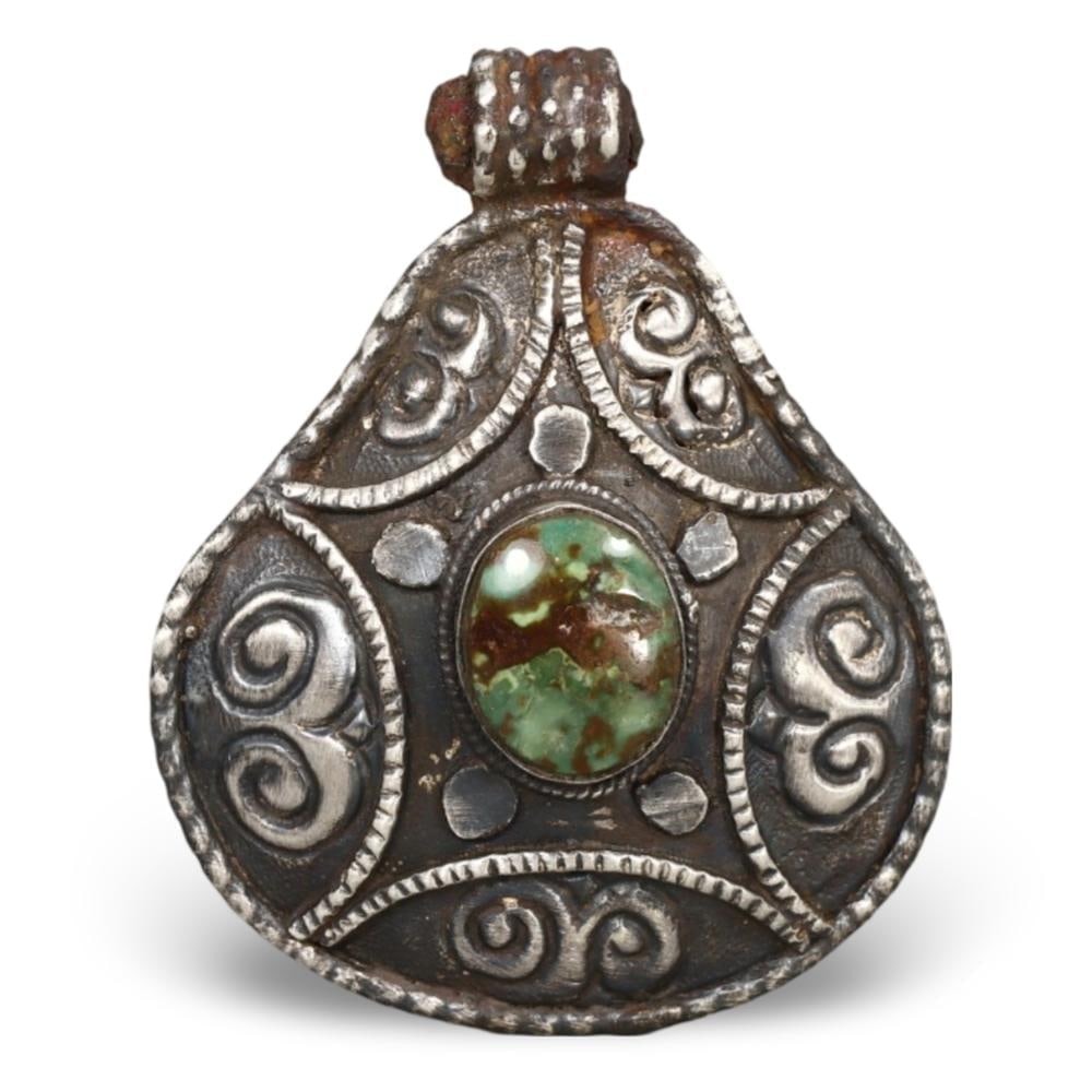 Antique Tibetan Silver Amulet with Turquoise and Coral Inlay 19th Century Protective Talisman: **Dimension information at the bottom section after Condition** Welcome to the No Reserve Antique Treasures Auction, where history comes alive through an extraordinary collection of treasures spanning