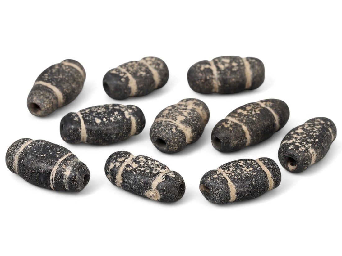 Ancient Roman Black Stone Beads with Etched Designs, Early Civilization Relics: **Dimension information at the bottom section after Condition** Welcome to the No Reserve Antique Treasures Auction, where history comes alive through an extraordinary collection of treasures spanning