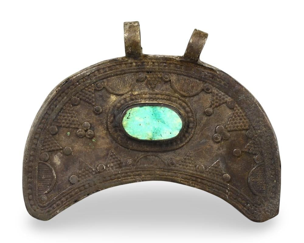 Antique Tuareg Brass and Silver Crescent Pendant with Turquoise Inlay Tribal Jewelry (1 of 2)