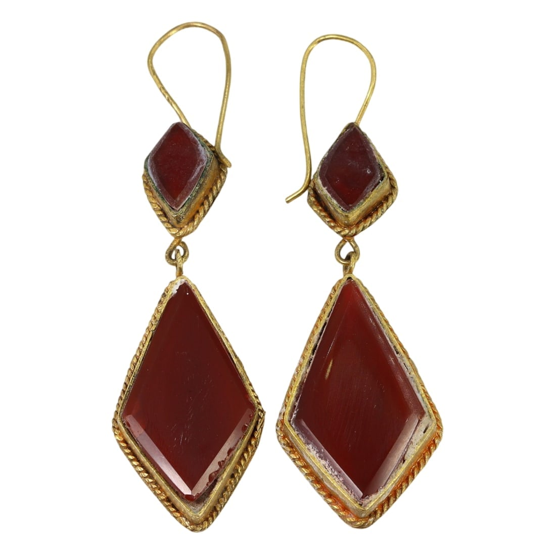Antique Central Asian Gold Gilt Earrings with Carnelian Gemstone Inlays: **Dimension information at the bottom section after Condition** Welcome to the No Reserve Antique Treasures Auction, where history comes alive through an extraordinary collection of treasures spanning