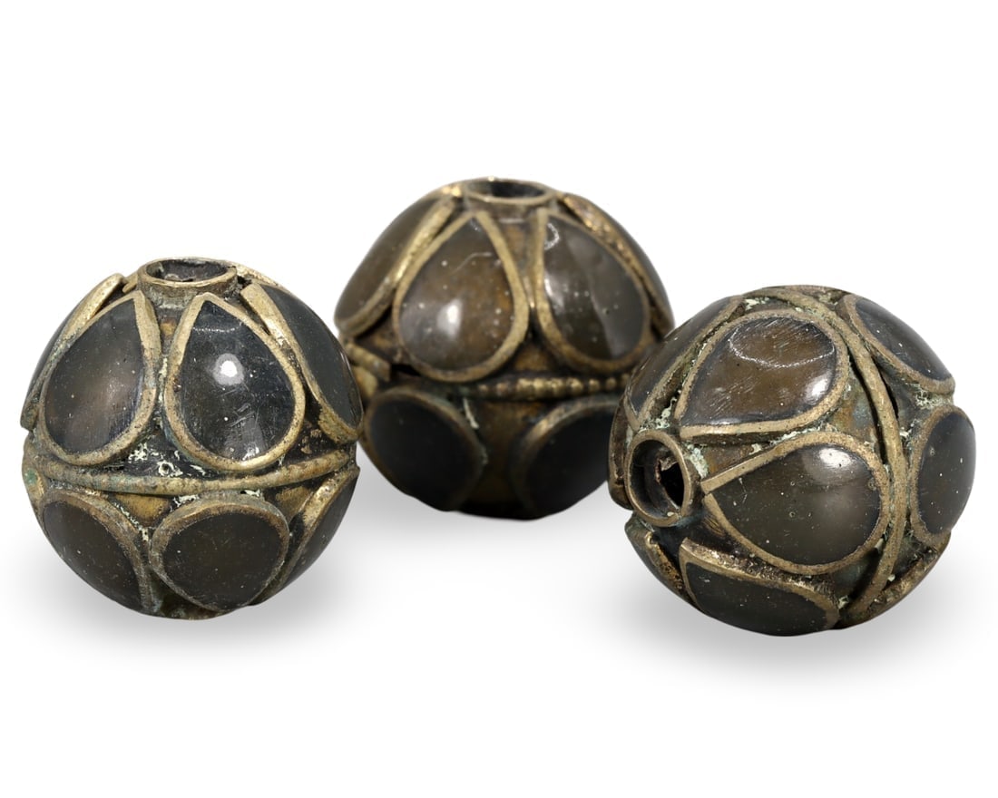 Qajar Dynasty Enamel Inlaid Brass Beads, 19th-20th Century Persian Jewelry Components: **Dimension information at the bottom section after Condition** Welcome to the No Reserve Antique Treasures Auction, where history comes alive through an extraordinary collection of treasures spanning