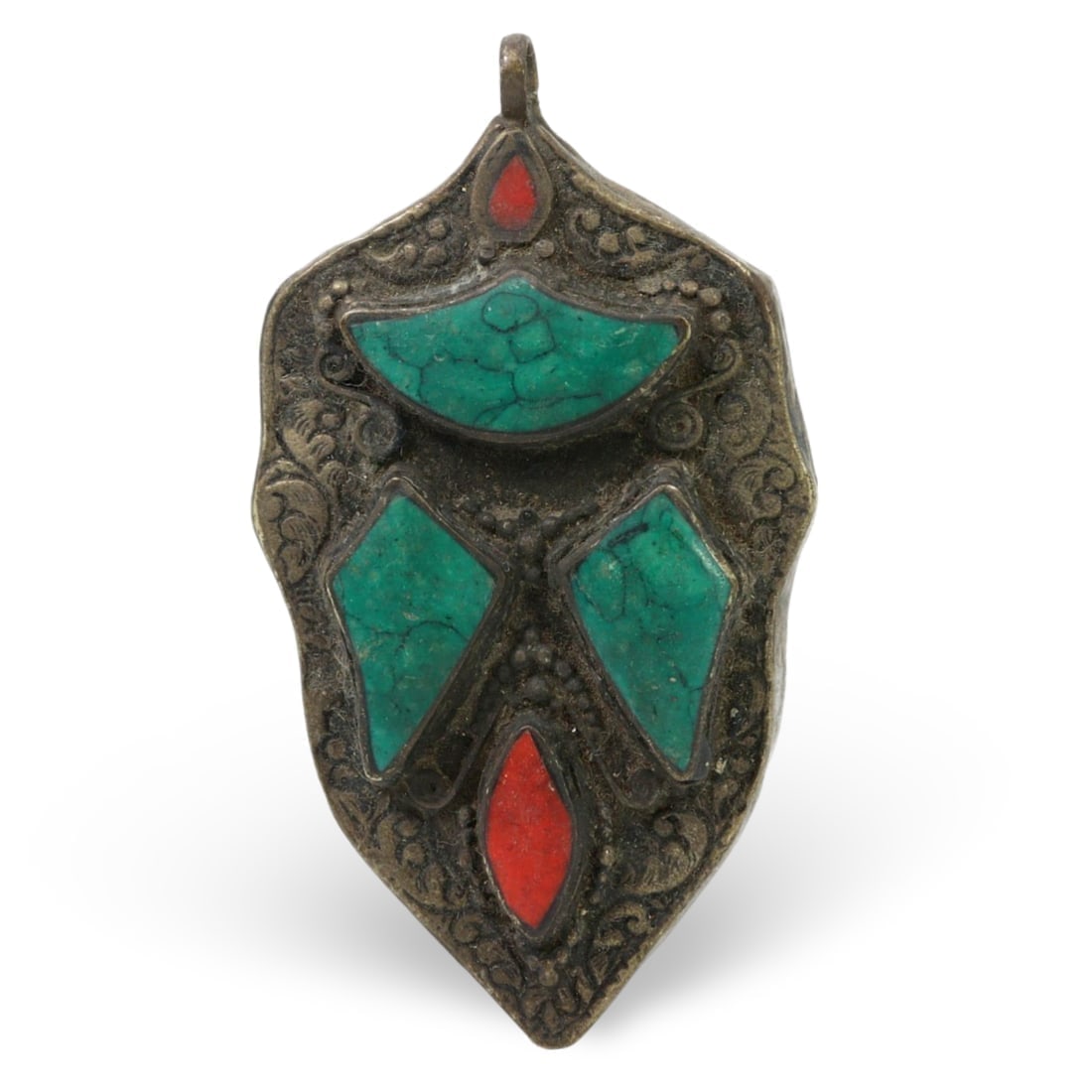 Antique Sino-Tibetan Gems Inlaid Silver Amulet Pendant: **Dimension information at the bottom section after Condition** Welcome to the No Reserve Antique Treasures Auction, where history comes alive through an extraordinary collection of treasures spanning