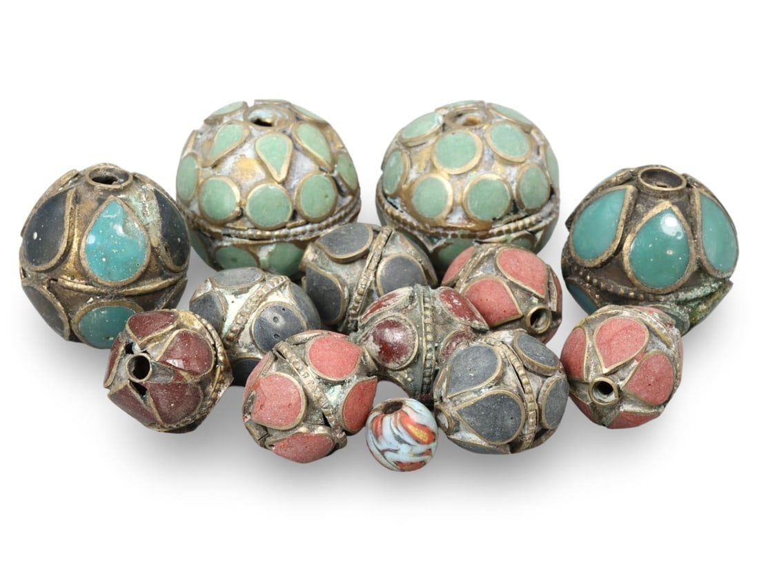 Tibetan Turquoise and Coral Inlaid Beads, Gilt Accents, Antique Tribal Adornments: **Dimension information at the bottom section after Condition** Welcome to the No Reserve Antique Treasures Auction, where history comes alive through an extraordinary collection of treasures spanning