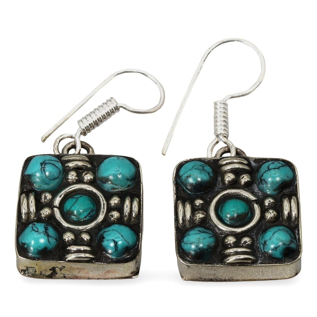 Antique Sino-Tibetan Gems Inlaid Silver Earrings: **Dimension information at the bottom section after Condition** Welcome to the No Reserve Antique Treasures Auction, where history comes alive through an extraordinary collection of treasures spanning