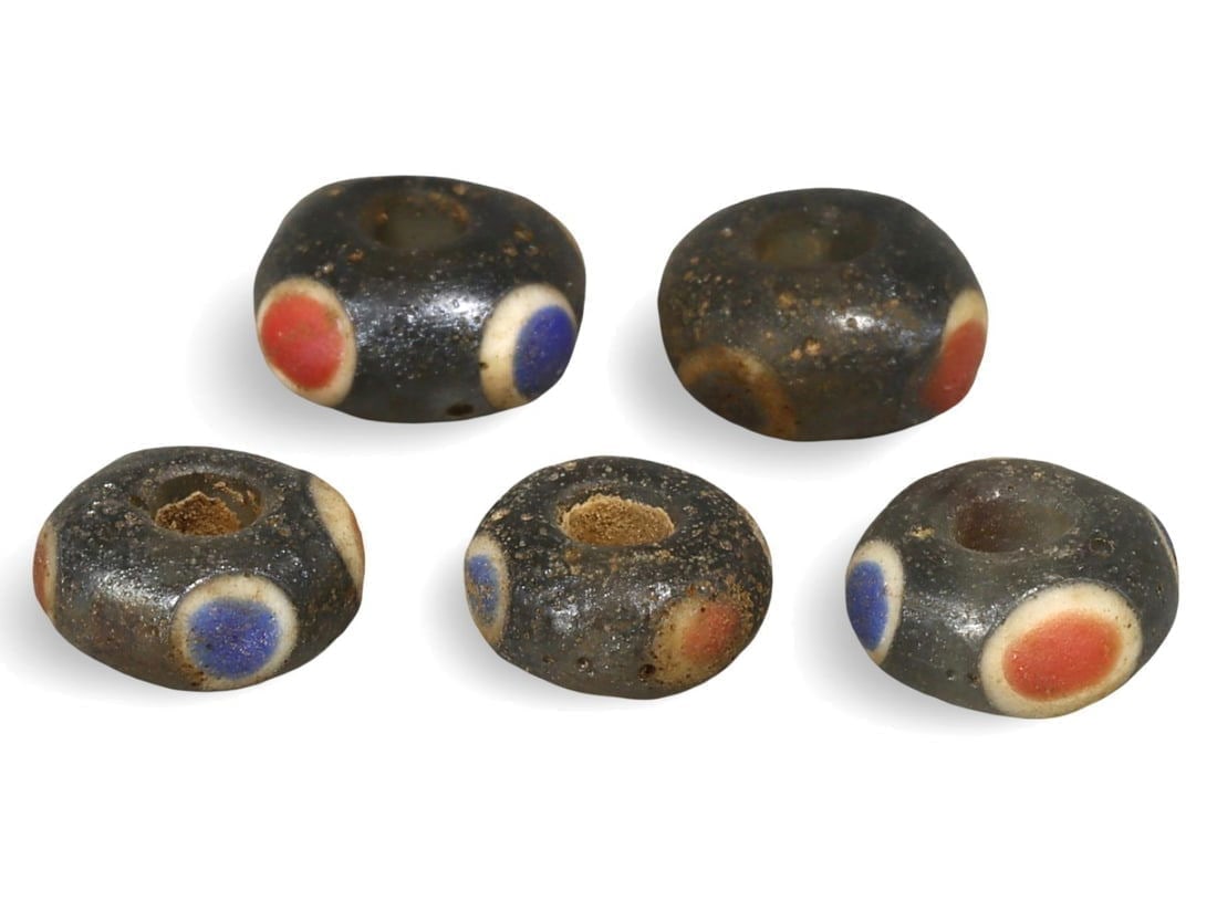 Ancient Carthaginian Stratified Knobbed Eye Glass Beads, 3rd-1st Century BC: **Dimension information at the bottom section after Condition** Welcome to the No Reserve Antique Treasures Auction, where history comes alive through an extraordinary collection of treasures spanning