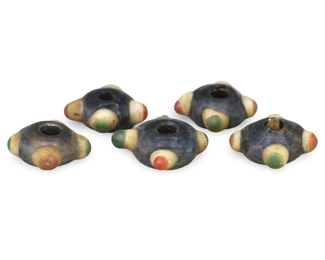 Lot of 5 Ancient Carthaginian Stratified Knobbed Eye Glass Beads, 3rd-1st Century BC: **Dimension information at the bottom section after Condition** Welcome to the No Reserve Antique Treasures Auction, where history comes alive through an extraordinary collection of treasures spanning